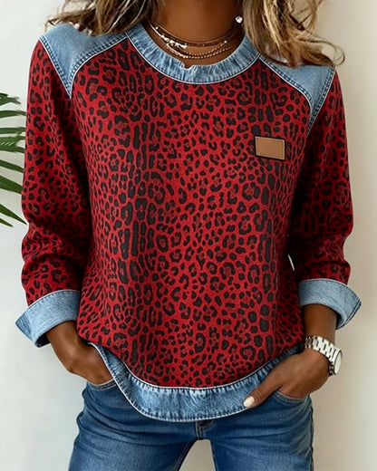 Sara™ | Sweatshirts en patchwork de denim léopard