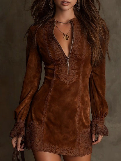 Azulena ❘ Robe mini vintage en daim avec dentelle