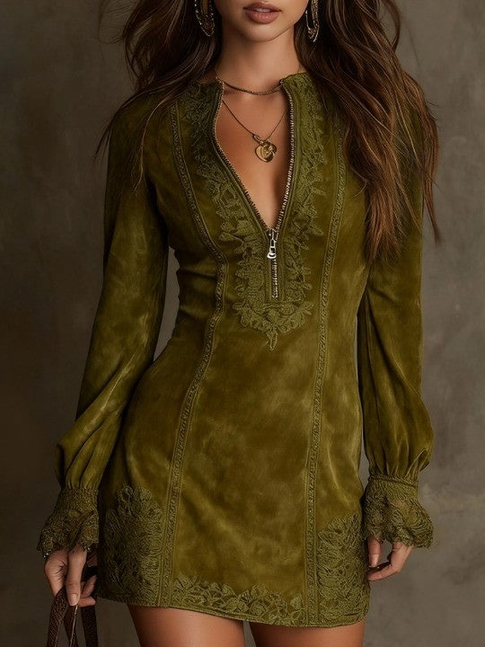 Azulena ❘ Robe mini vintage en daim avec dentelle