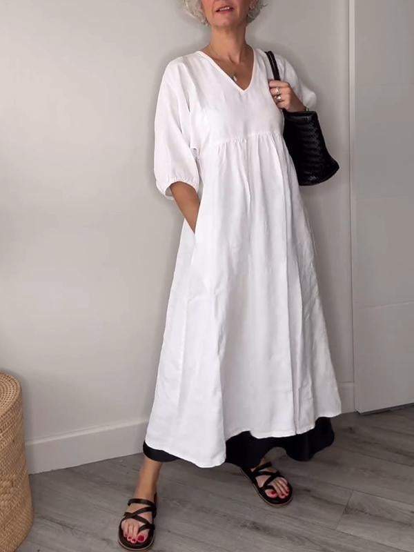 Eeva™ - Robe Midi Décontractée avec Décolleté en V et Poches