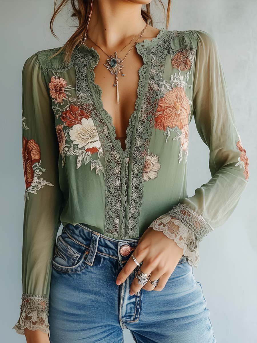 Bohemian™ | Blouse en Dentelle Imprimée Florale