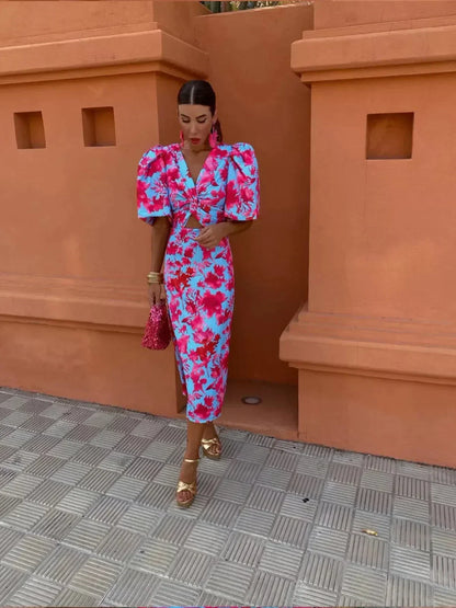 Glecy - Robe Élégante Femme à Manches Bouffantes Charme