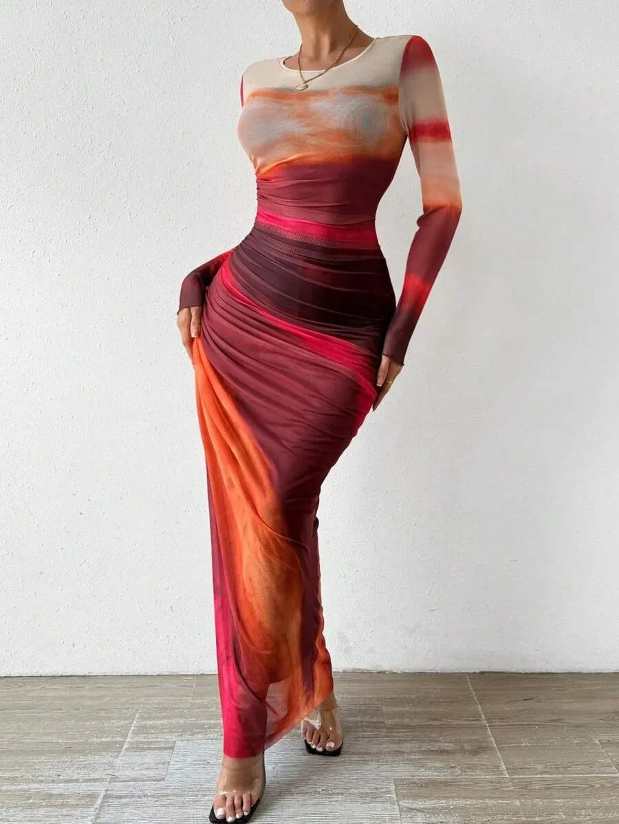 Serene - Robe Ajustée à Manches Longues Imprimée