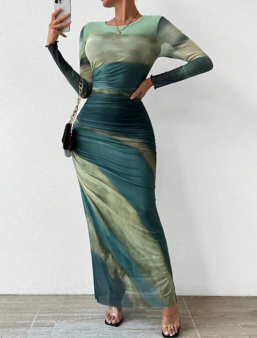 Serene - Robe Ajustée à Manches Longues Imprimée