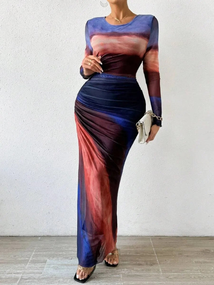 Serene - Robe Ajustée à Manches Longues Imprimée
