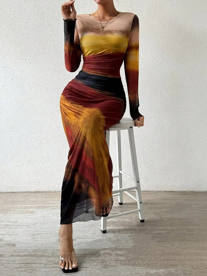 Serene - Robe Ajustée à Manches Longues Imprimée