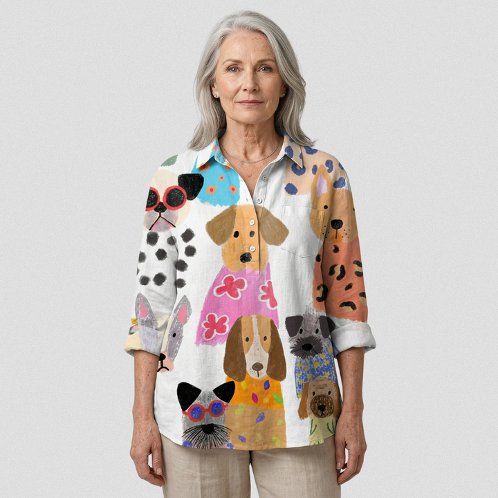 Brigitte | Chemise décontractée à imprimé cartoon de chiot coloré pour femmes