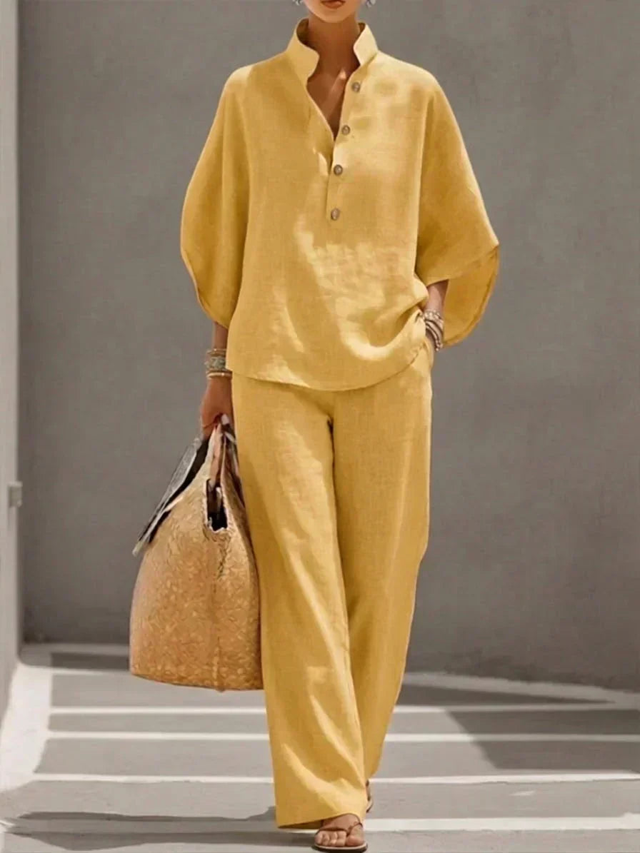 Camille™ | Ensemble en Lin avec Manches Chauve-Souris et Pantalons Amples
