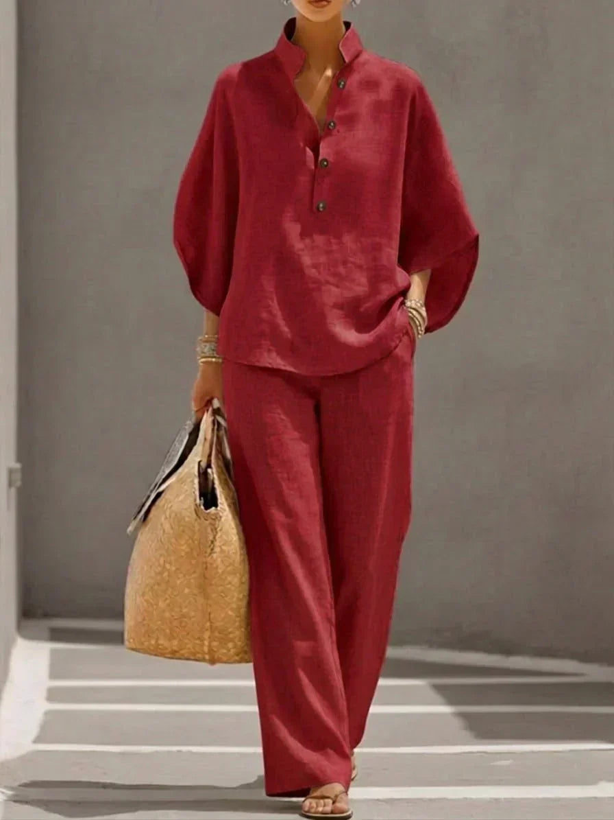 Camille™ | Ensemble en Lin avec Manches Chauve-Souris et Pantalons Amples