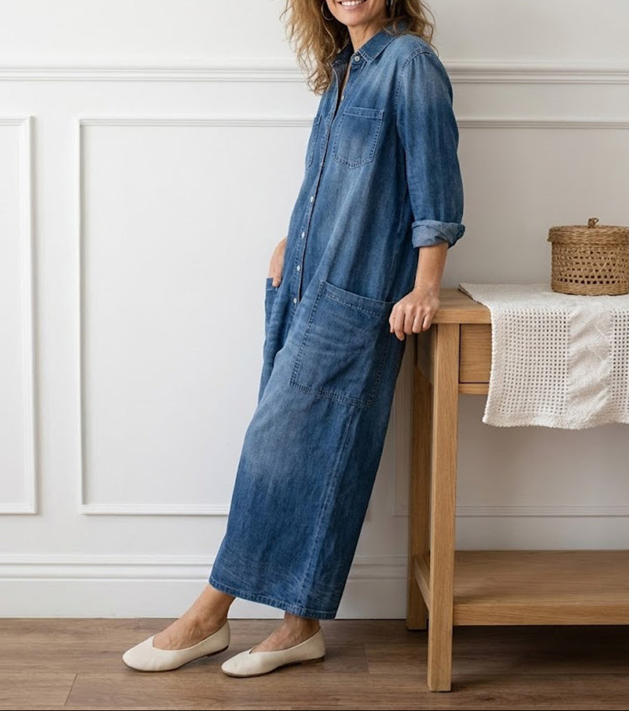 Saylor - Salopette en Denim de Coton Lavé Vintage avec Fermeture Boutonnée