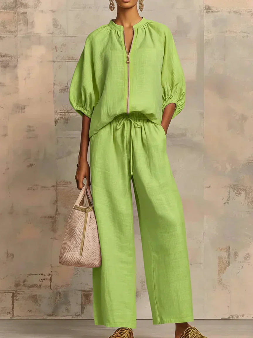 Colette | Ensemble en Lin et Coton en Deux Pièces : Chemise de Style Décontracté et Pantalons à Jambes Larges
