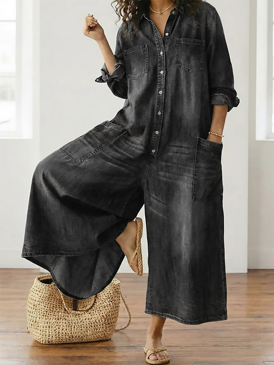 Saylor - Salopette en Denim de Coton Lavé Vintage avec Fermeture Boutonnée