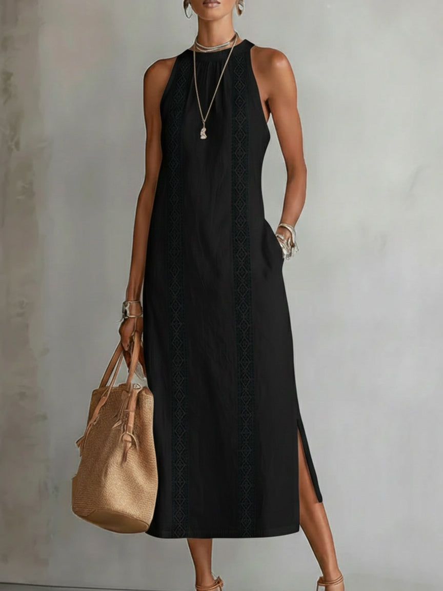 Céline | Robe Midi Sans Manches avec Détails en Dentelle