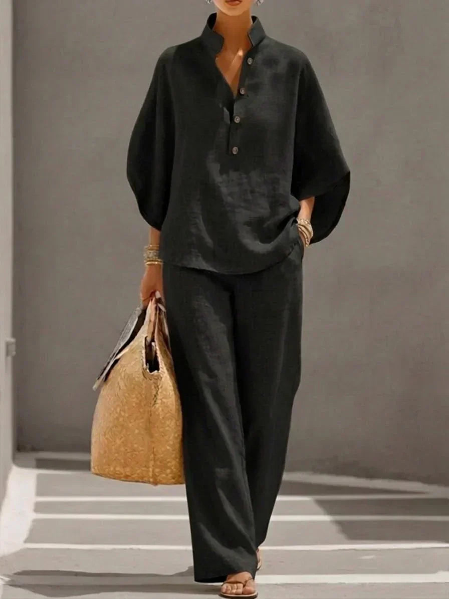 Camille™ | Ensemble en Lin avec Manches Chauve-Souris et Pantalons Amples