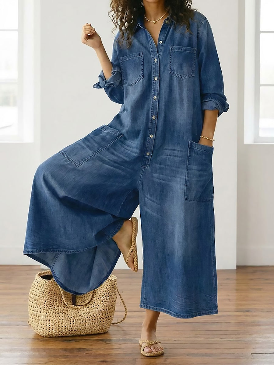 Saylor - Salopette en Denim de Coton Lavé Vintage avec Fermeture Boutonnée