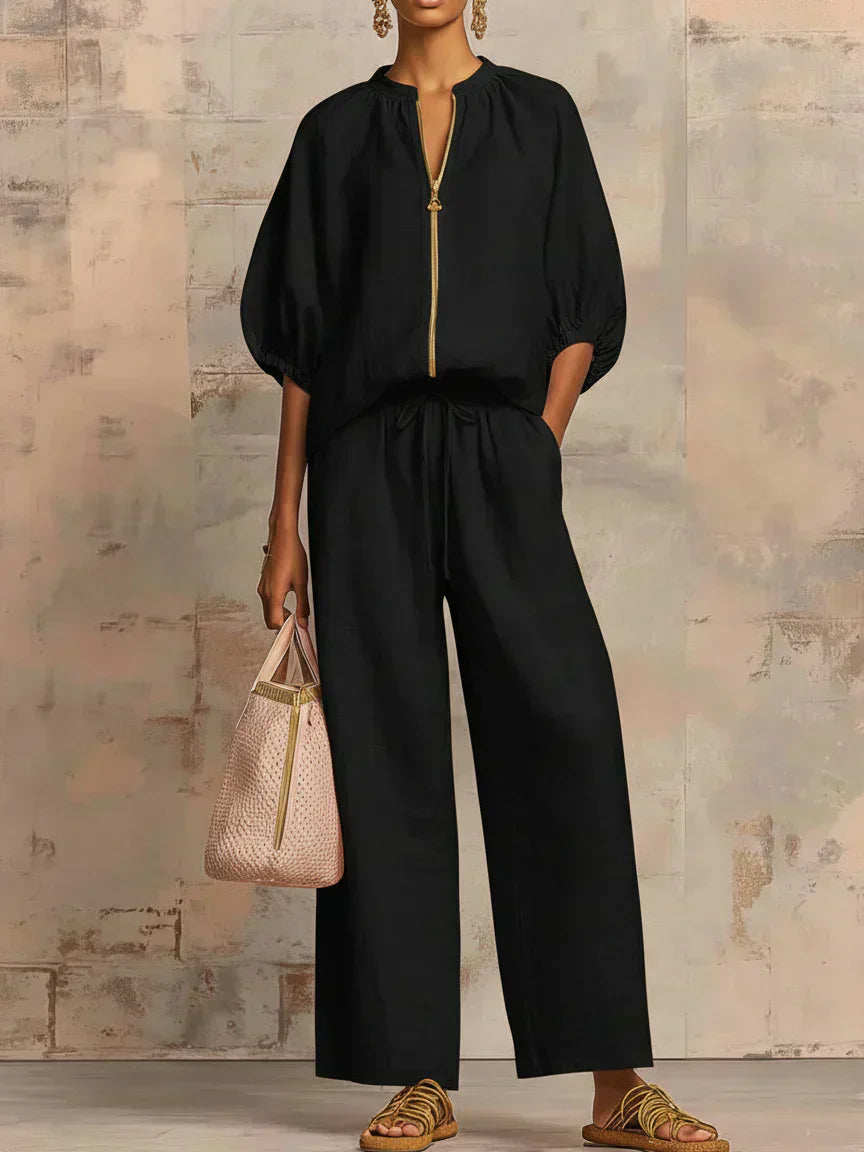 Colette | Ensemble en Lin et Coton en Deux Pièces : Chemise de Style Décontracté et Pantalons à Jambes Larges