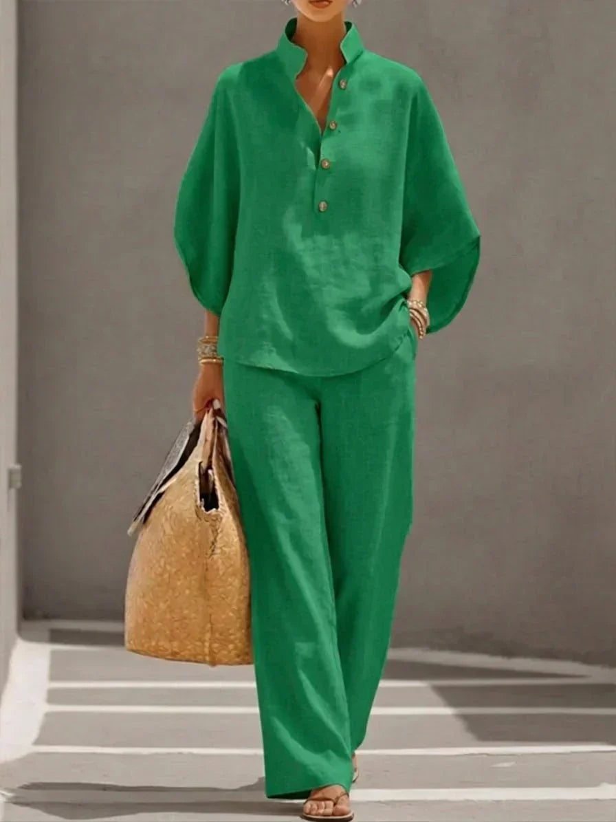 Camille™ | Ensemble en Lin avec Manches Chauve-Souris et Pantalons Amples