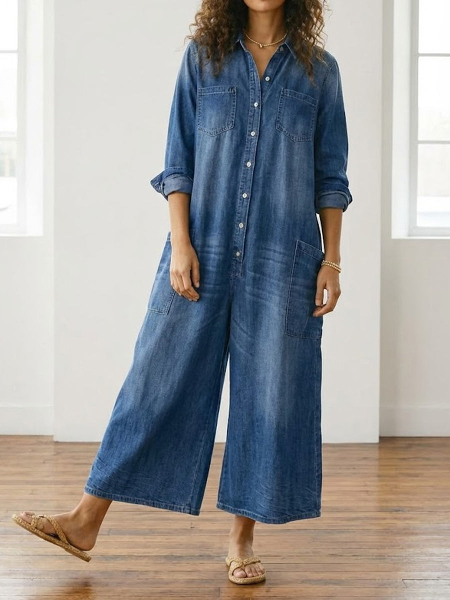 Saylor - Salopette en Denim de Coton Lavé Vintage avec Fermeture Boutonnée