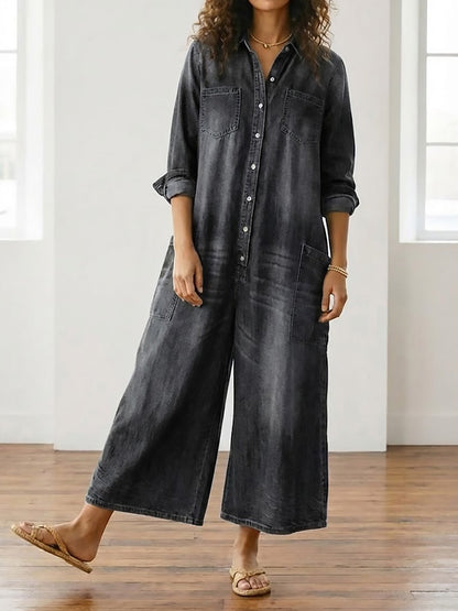 Saylor - Salopette en Denim de Coton Lavé Vintage avec Fermeture Boutonnée