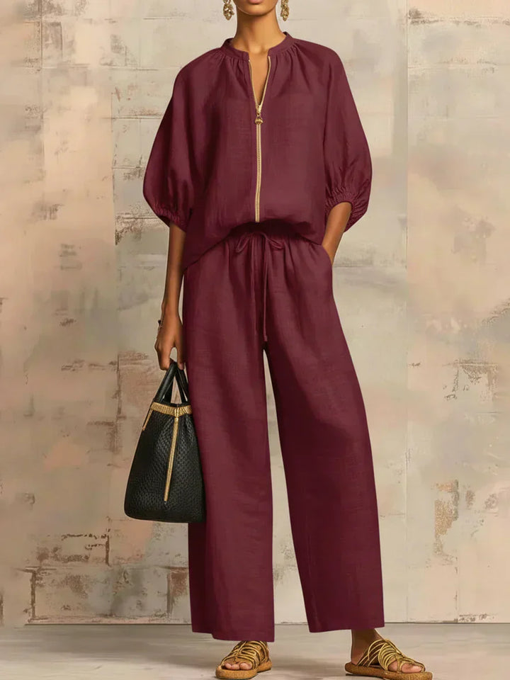 Colette | Ensemble en Lin et Coton en Deux Pièces : Chemise de Style Décontracté et Pantalons à Jambes Larges