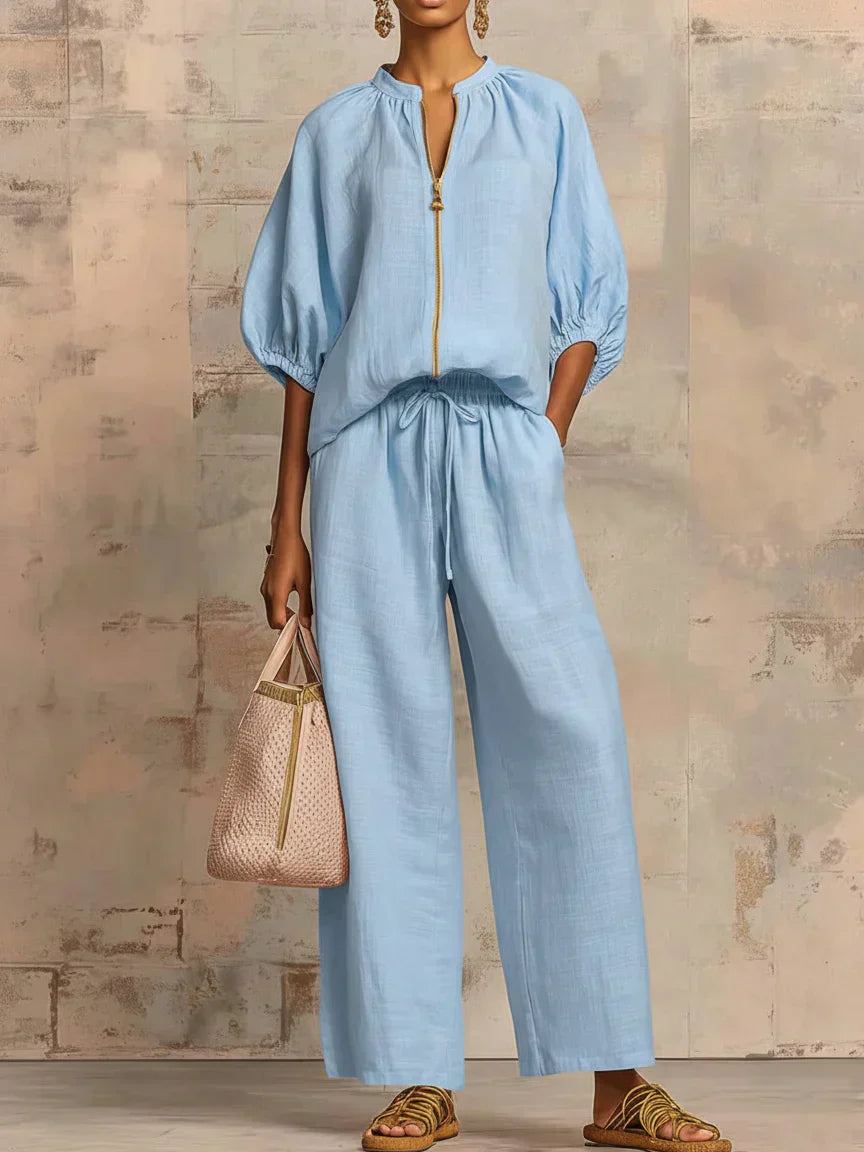 Colette | Ensemble en Lin et Coton en Deux Pièces : Chemise de Style Décontracté et Pantalons à Jambes Larges