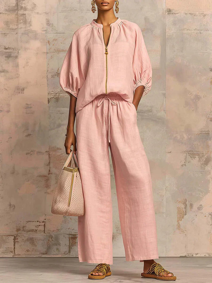 Colette | Ensemble en Lin et Coton en Deux Pièces : Chemise de Style Décontracté et Pantalons à Jambes Larges
