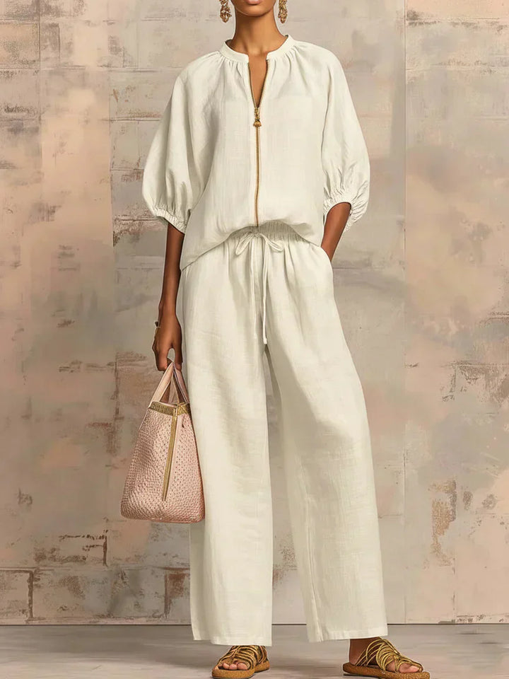 Colette | Ensemble en Lin et Coton en Deux Pièces : Chemise de Style Décontracté et Pantalons à Jambes Larges