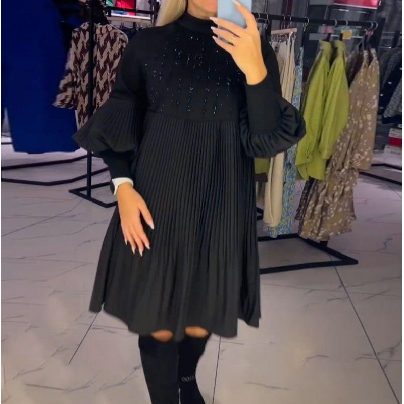 Marlene | Robe Grande Taille avec Col Haut et Manches Bouffantes
