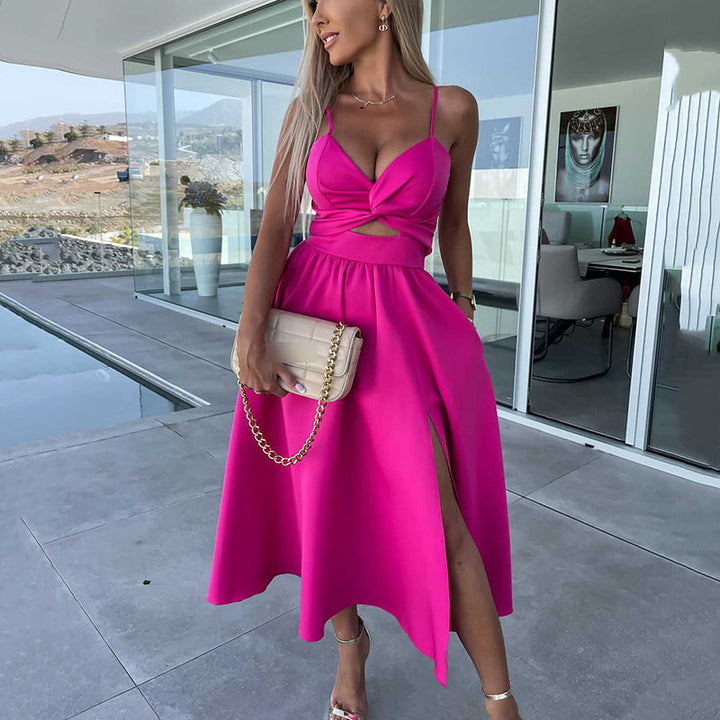 Célestine - Robe Midi à Bretelles Fines et Haute Fente