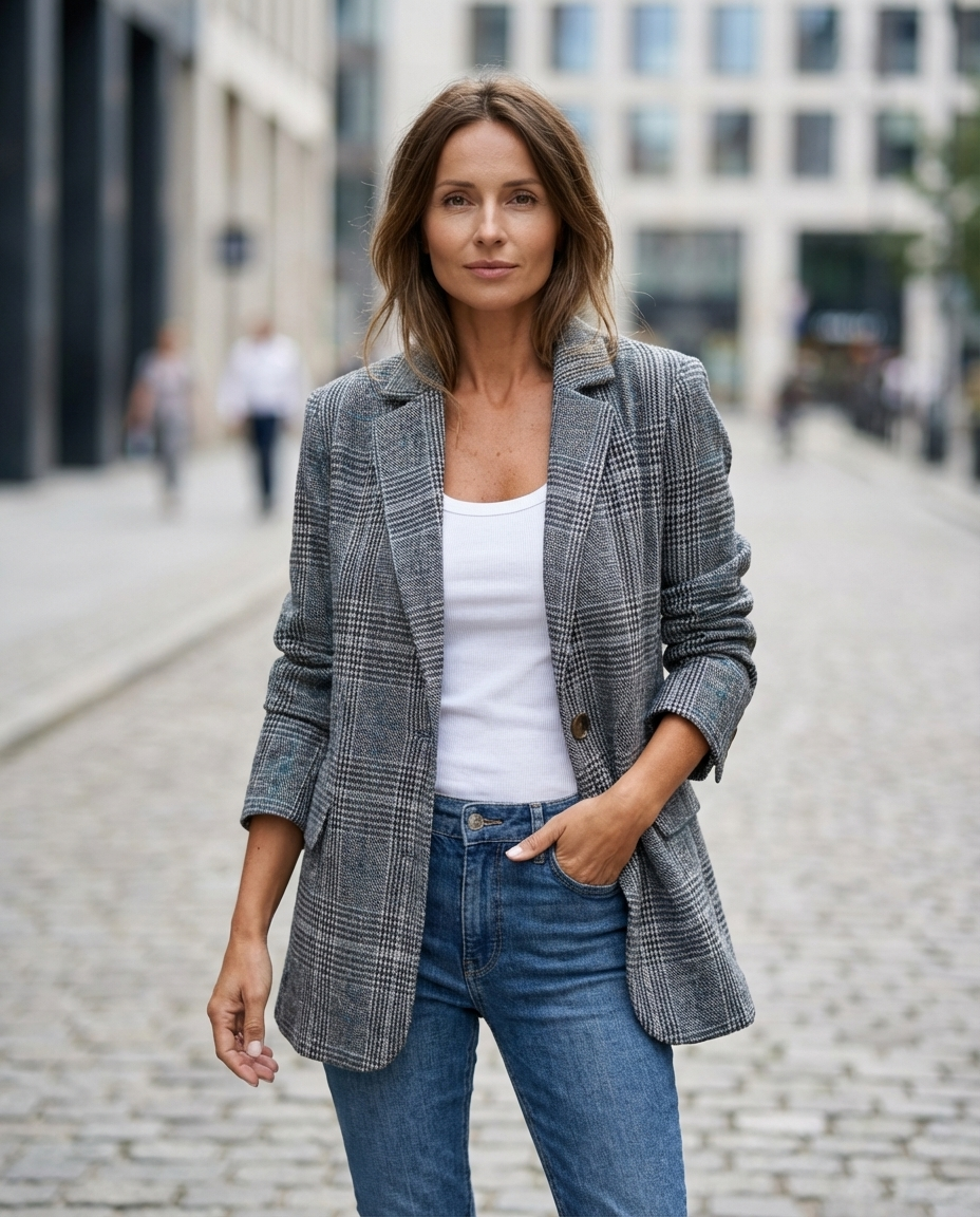 Alicja™ | Blazer Ajusté Gris à Carreaux