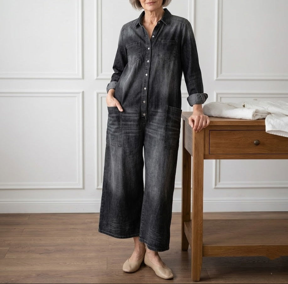 Saylor - Salopette en Denim de Coton Lavé Vintage avec Fermeture Boutonnée