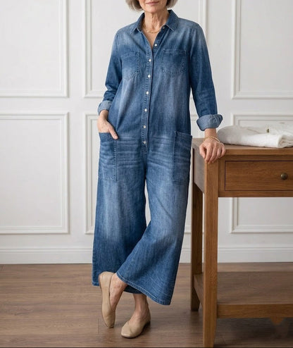 Saylor - Salopette en Denim de Coton Lavé Vintage avec Fermeture Boutonnée