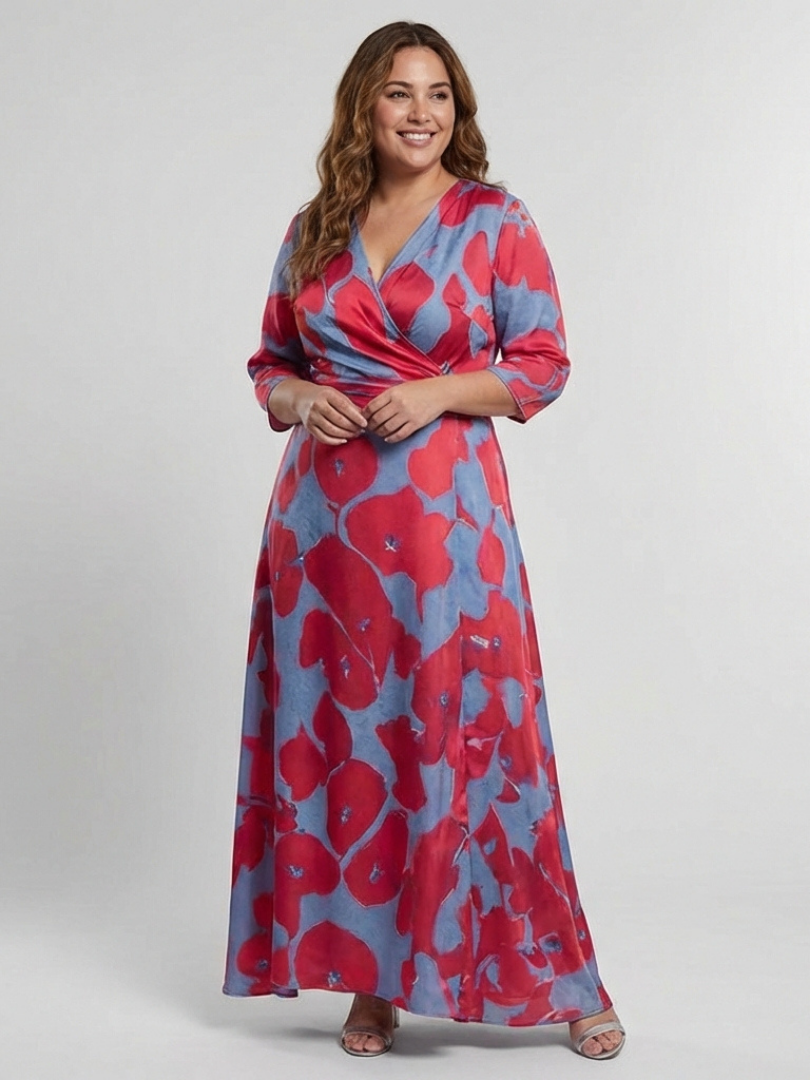 Danielle | Robe Maxi Fleurie à Manches Trois Quarts et Col en V