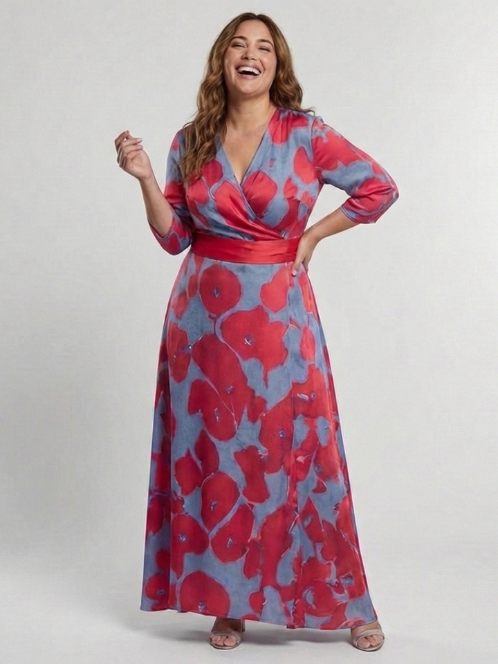Danielle | Robe Maxi Fleurie à Manches Trois Quarts et Col en V