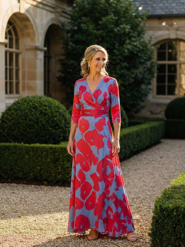 Danielle | Robe Maxi Fleurie à Manches Trois Quarts et Col en V