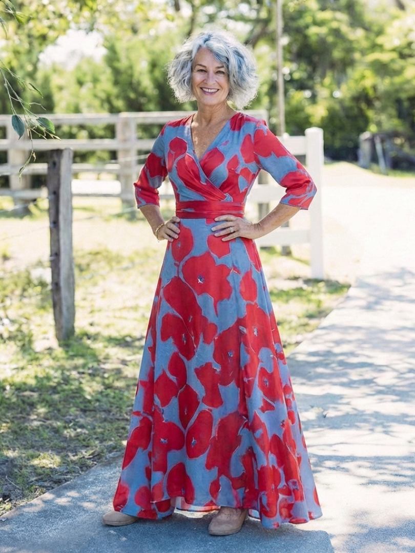 Danielle | Robe Maxi Fleurie à Manches Trois Quarts et Col en V