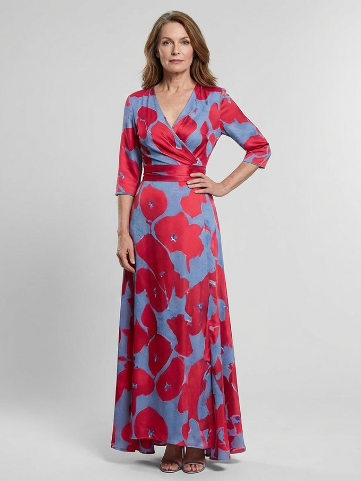 Danielle | Robe Maxi Fleurie à Manches Trois Quarts et Col en V