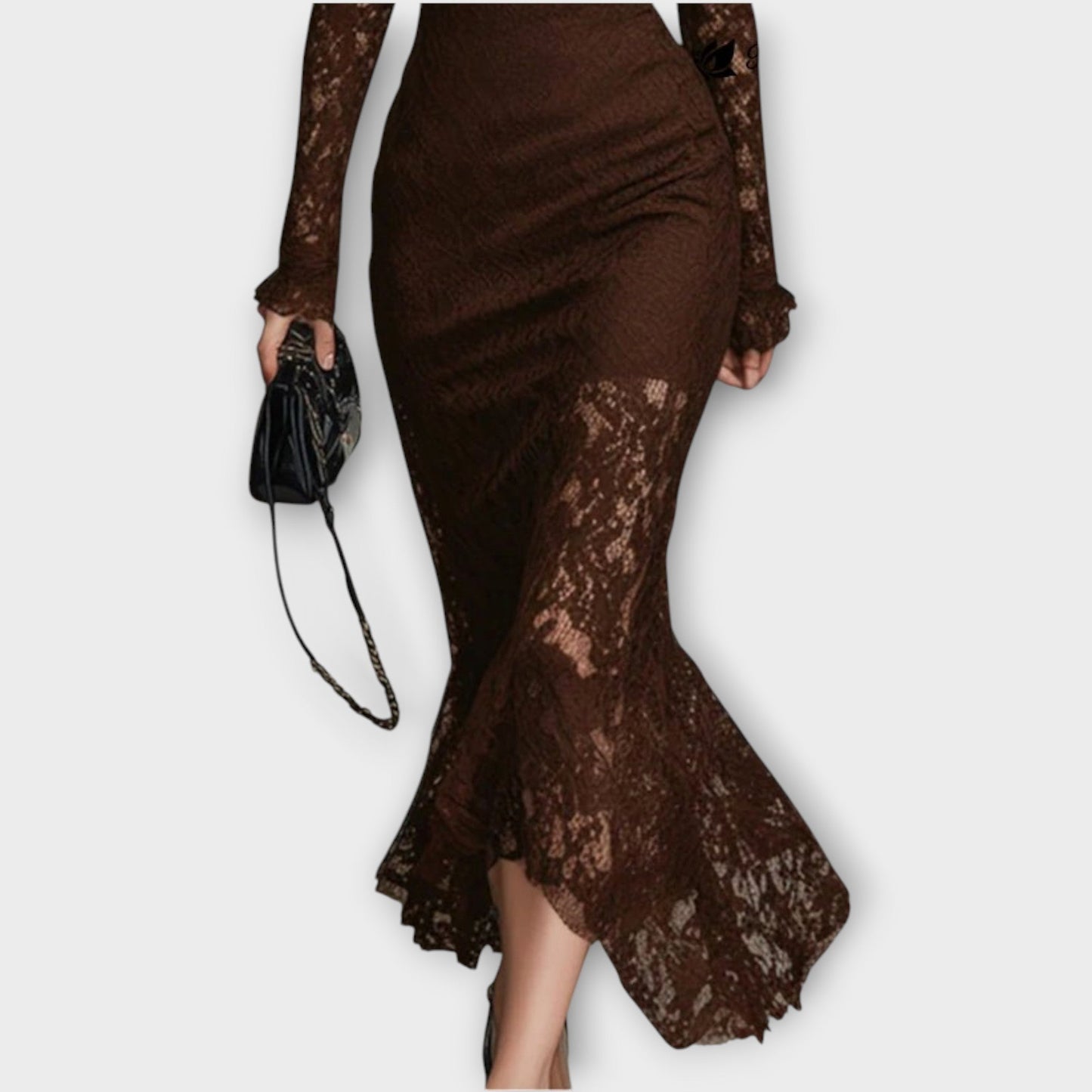 Robe Midi Élégante en Dentelle avec Col Montant