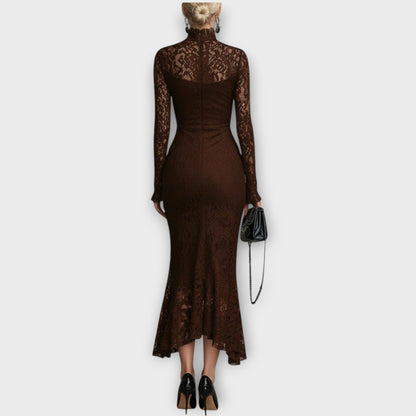 Robe Midi Élégante en Dentelle avec Col Montant