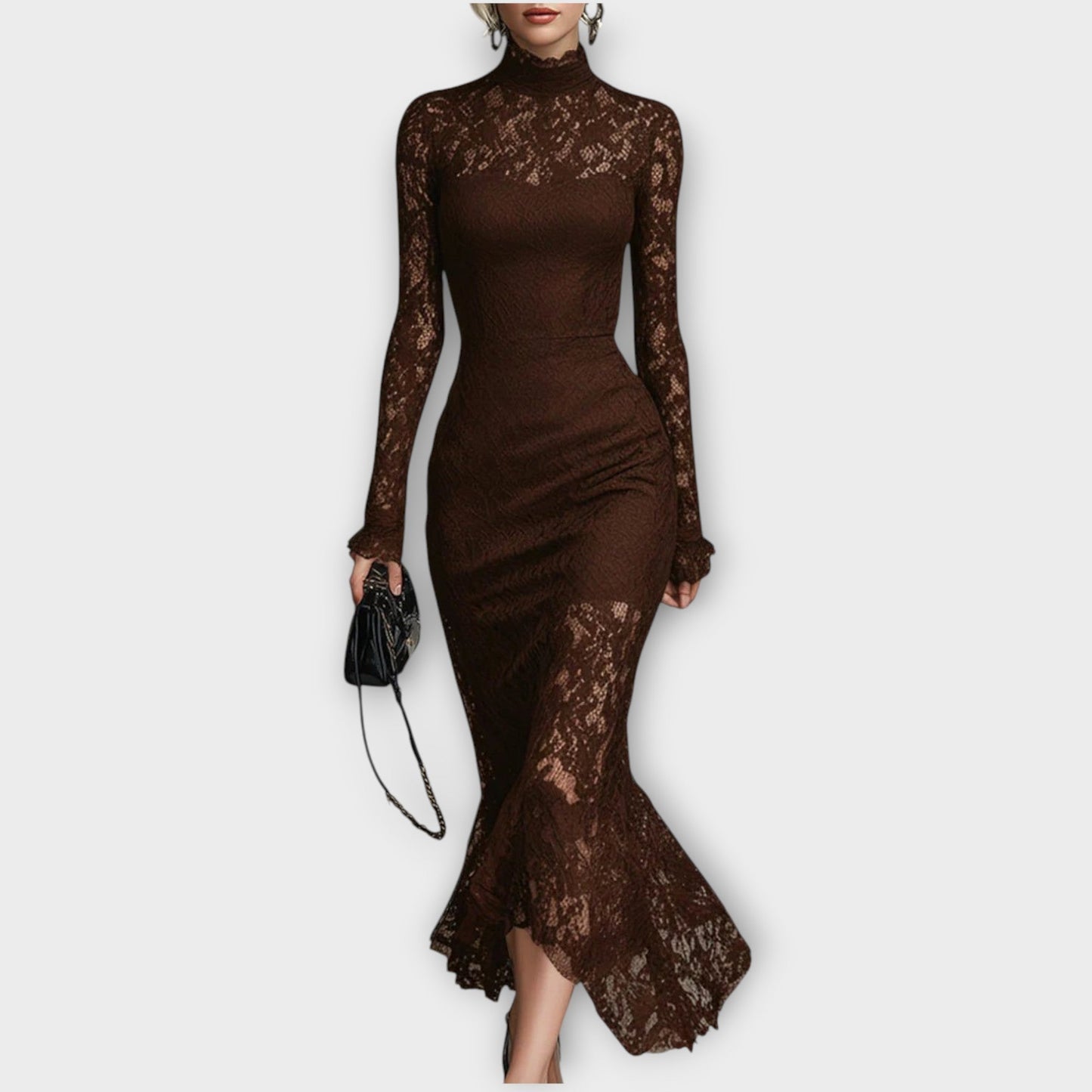 Robe Midi Élégante en Dentelle avec Col Montant