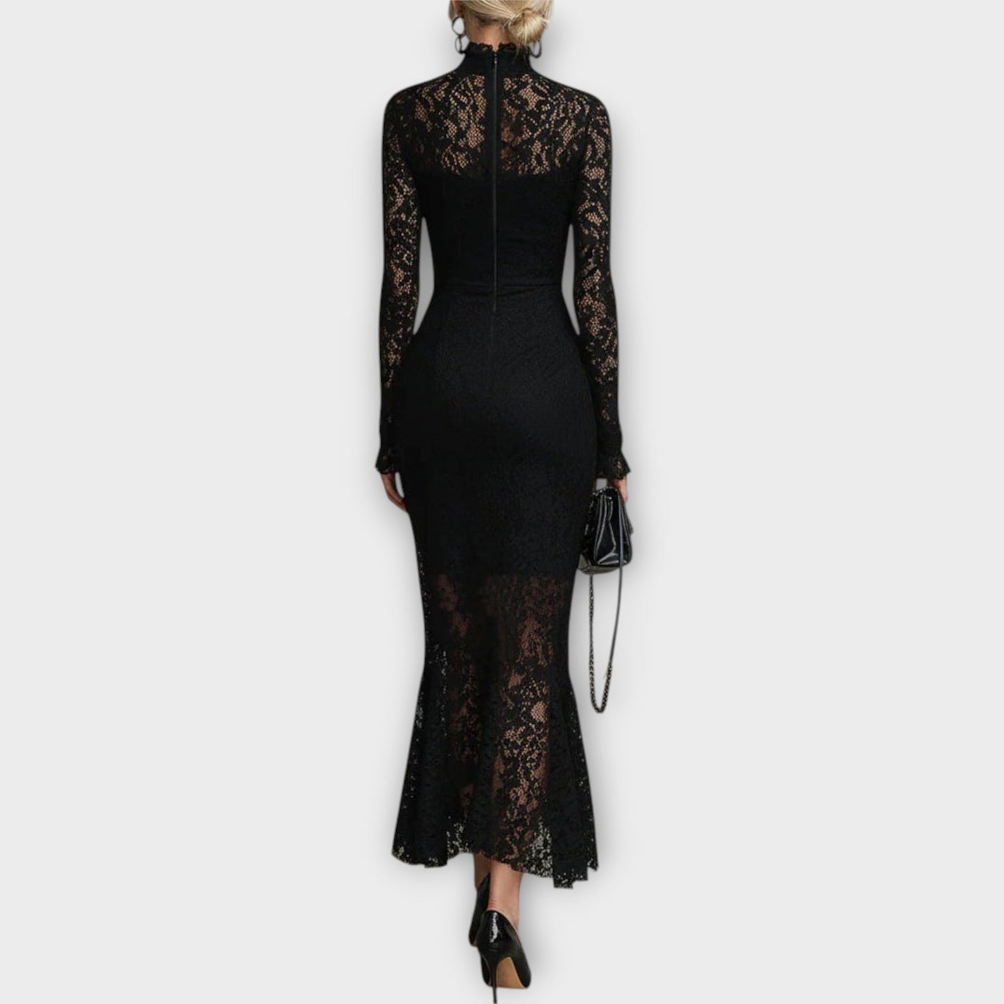 Robe Midi Élégante en Dentelle avec Col Montant