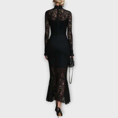 Robe Midi Élégante en Dentelle avec Col Montant