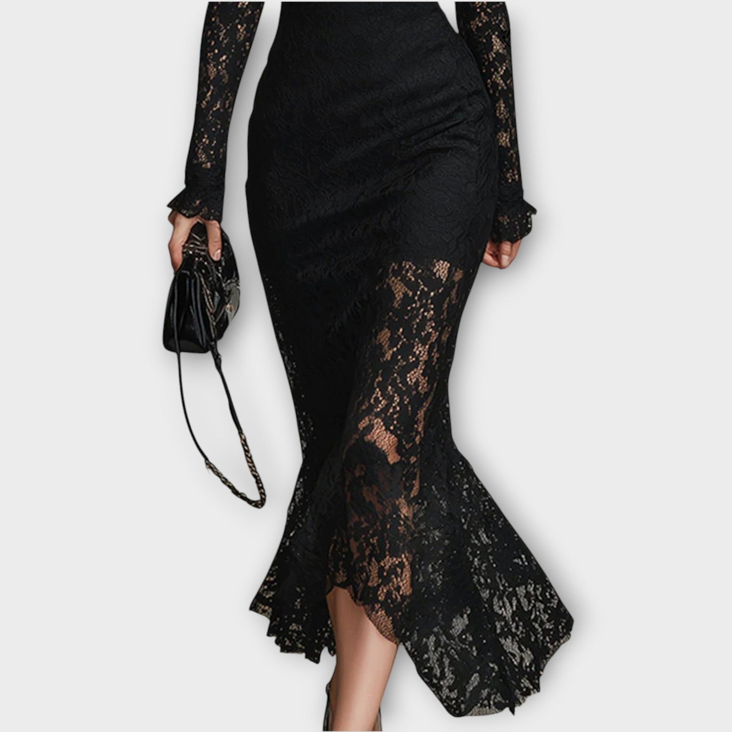 Robe Midi Élégante en Dentelle avec Col Montant