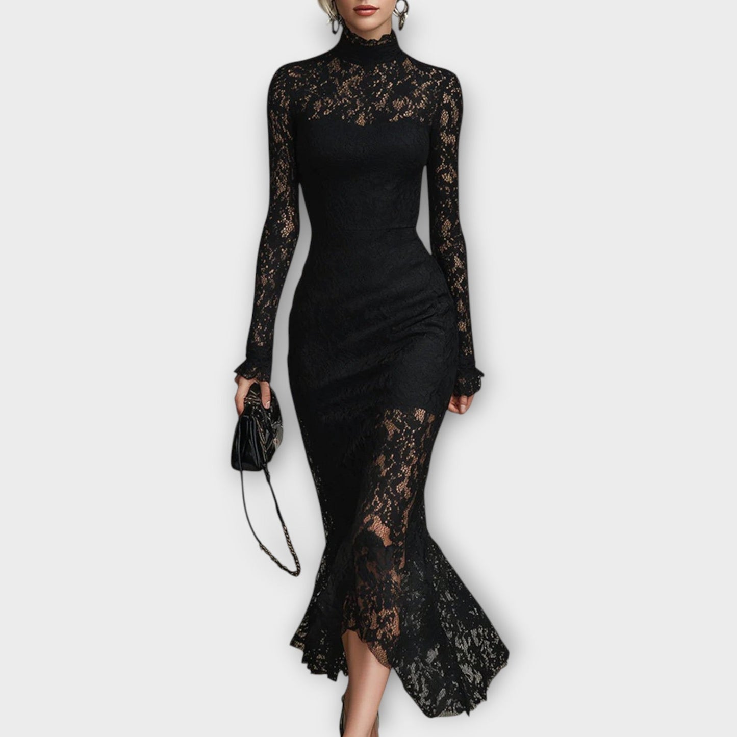 Robe Midi Élégante en Dentelle avec Col Montant