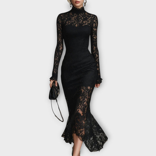 Robe Midi Élégante en Dentelle avec Col Montant